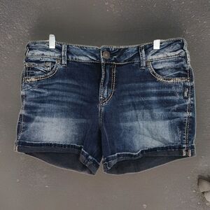 Silver Jeans Elyse Short Cutoff Shorts, 29 x 4, Embroidered, Distressed, Dk Blue